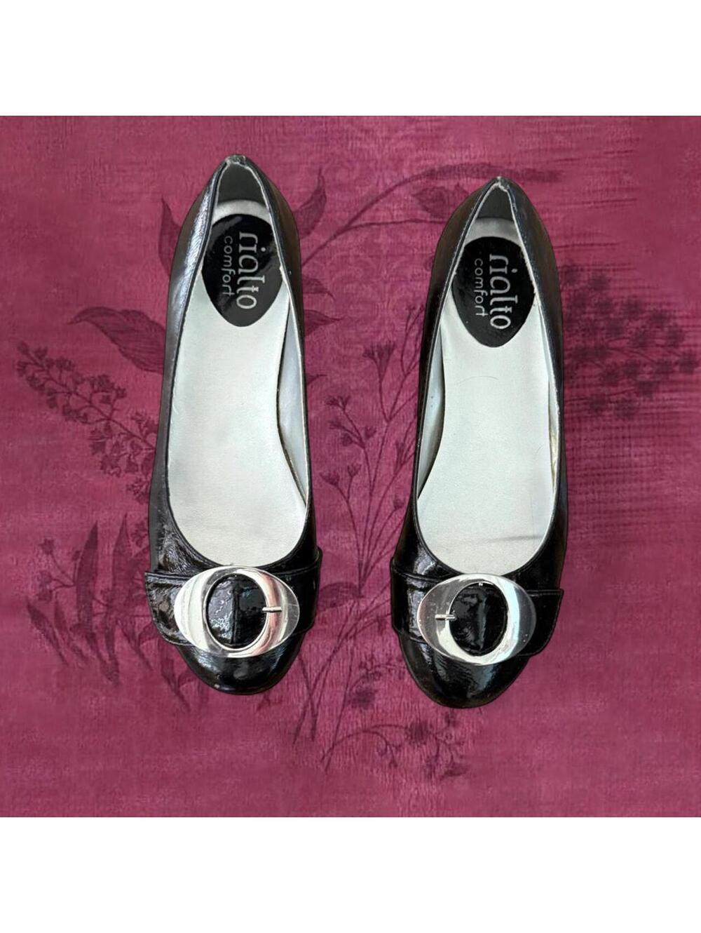 Ballet Flats Black Patent Leather Silver Ring Buckle Rialto Womens 8.5
